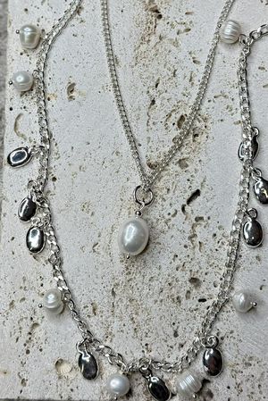 Pearl Droplets Multi Layered Necklace Silver /38=